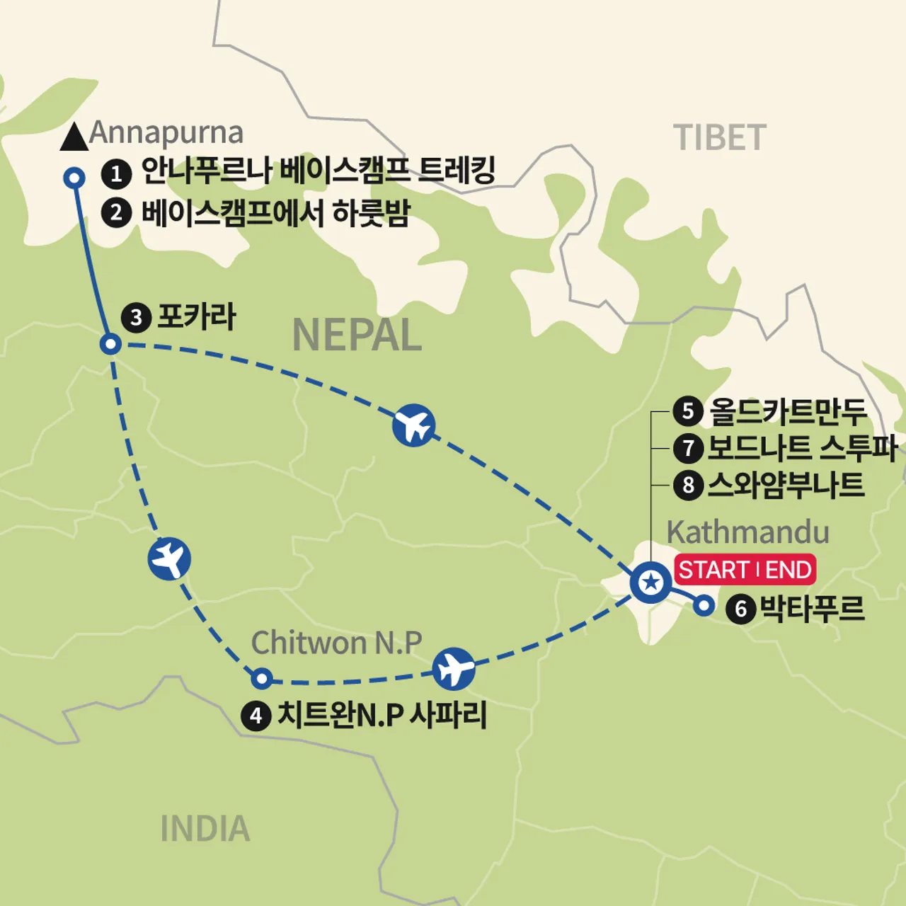 안나푸르나 베이스캠프 트레킹과 치트완 국립공원 지도