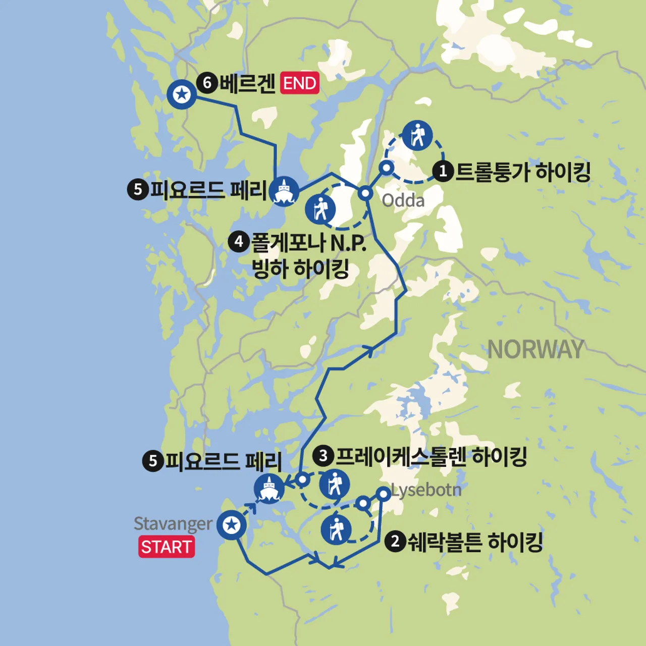 노르웨이 3대 하이킹 + 폴게포나 빙하 하이킹 지도