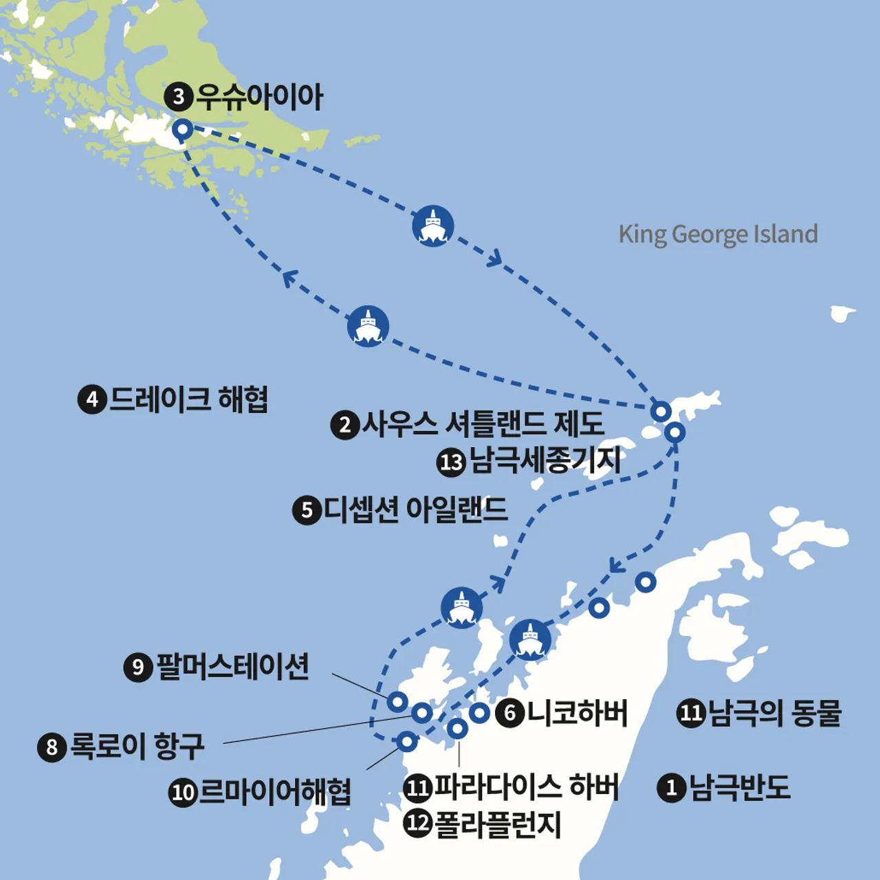 남극본토와 셰틀랜드군도 엑스페디션 크루즈 지도